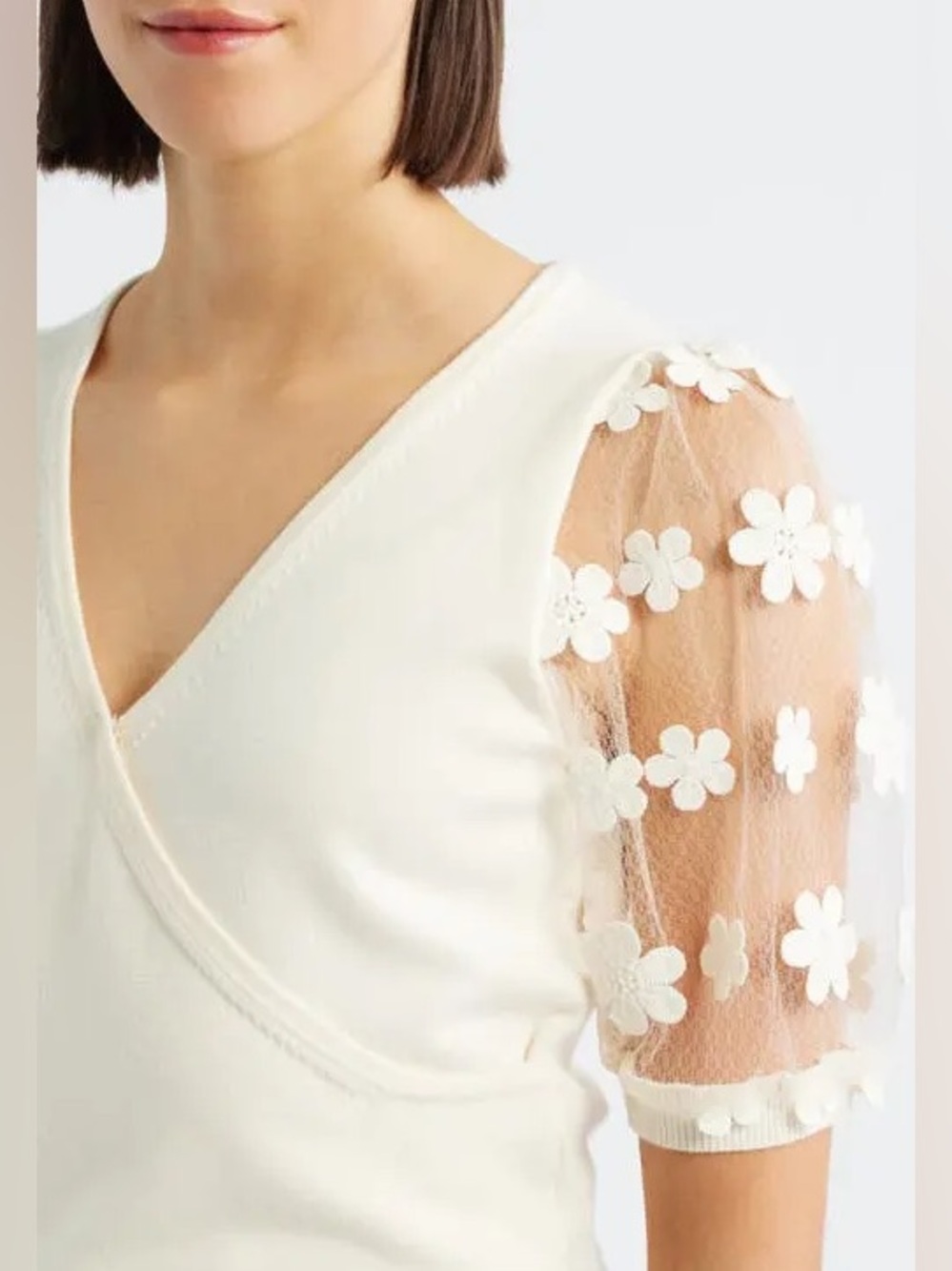 French Connection | Floral Applique Short Sleeve Surplice Sweater, M